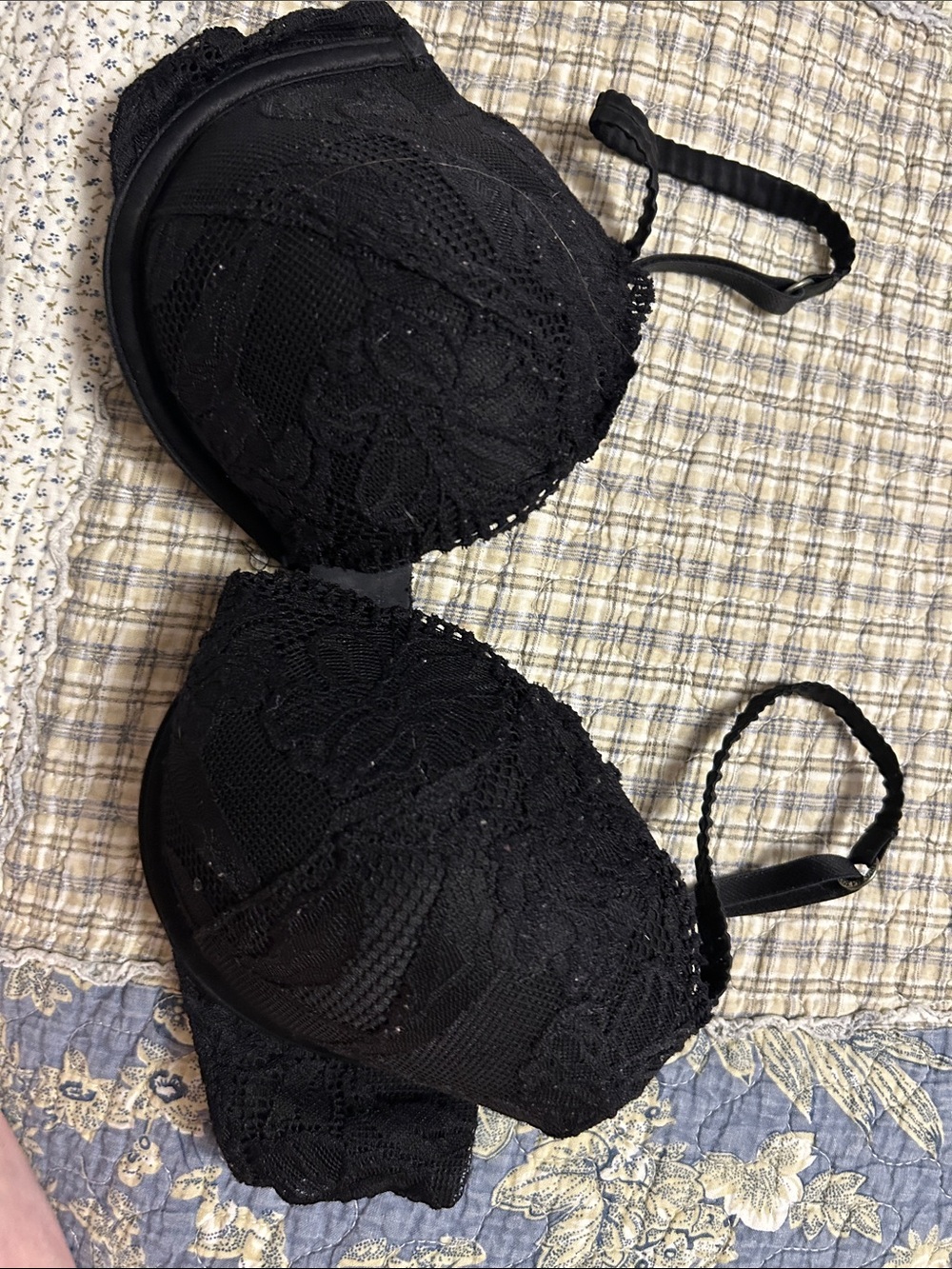 Black Lace Push-Up Bra - Floral Overlay, Underwire